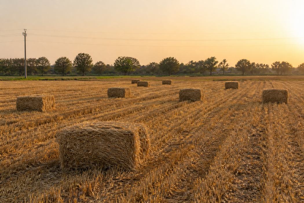 Rectangular straw bales in rows across a harvested paddy field at golden hour.