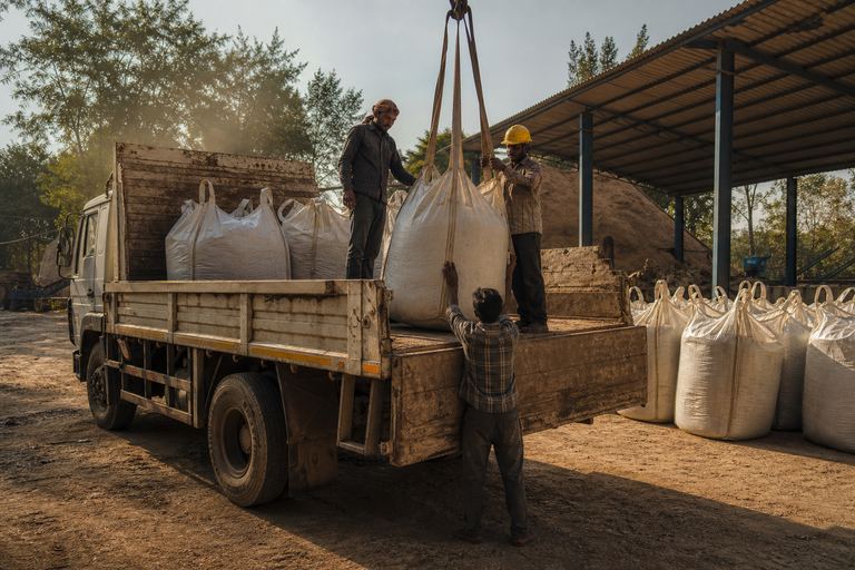Workers loading large woven bulk bags onto the bed of a goods truck in a yard beside an open shed.