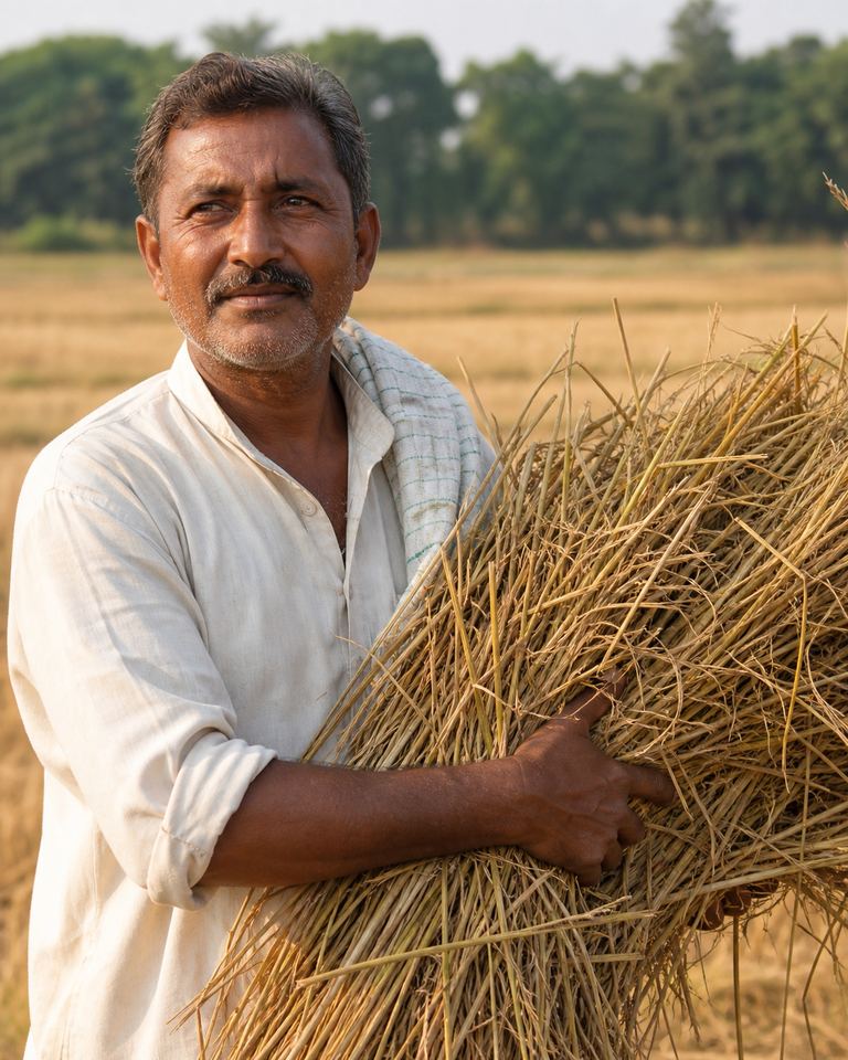A farmer standing at the edge of a harvested field, holding an armful of loose rice straw.