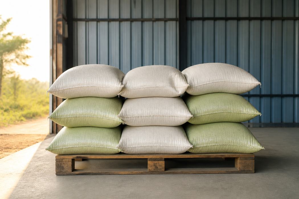 Plain unmarked woven polypropylene sacks stacked three high on a wooden pallet inside an open shed.