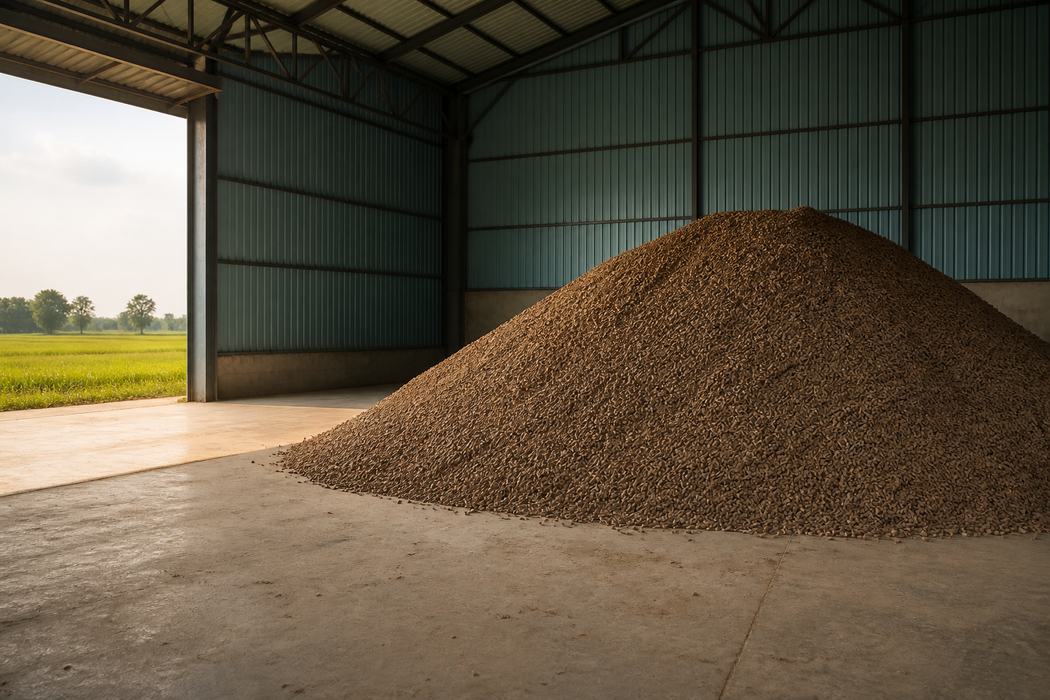 A large heap of biomass fuel pellets on the concrete floor of an open industrial shed, with fields visible through the doorway.