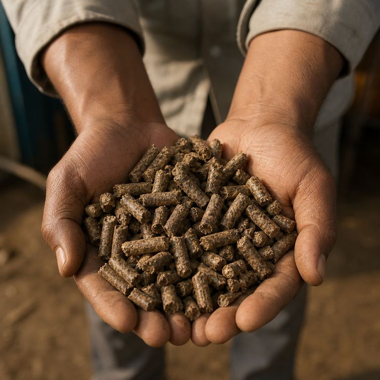 A pair of cupped hands holding a heap of short cylindrical biomass fuel pellets.