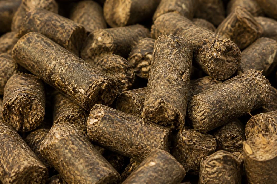 Close-up of cylindrical brown biomass fuel pellets with visibly compressed plant fibre at the broken ends.