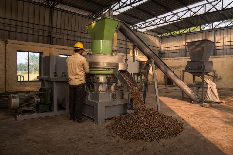 Interior of a small-scale biomass pelletising plant: a ring-die pellet mill with a screw conveyor and material accumulating at the discharge.