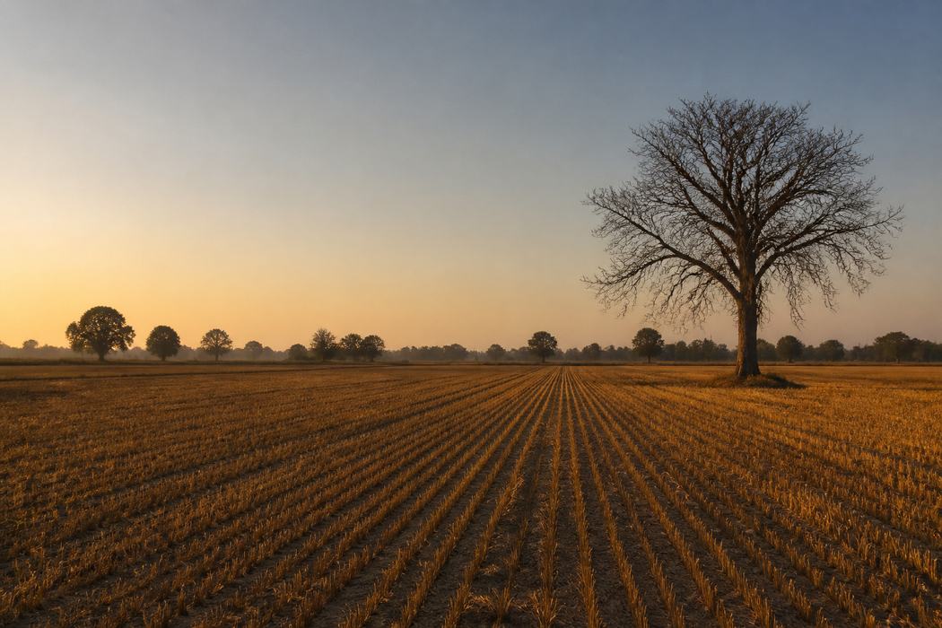 A harvested field of golden stubble rows at dusk, with a bare tree on the horizon.